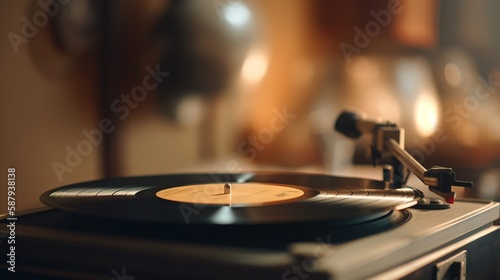Fotografia a turntable with a record player on top of it in a room with a wall of vases and a clock on the wall