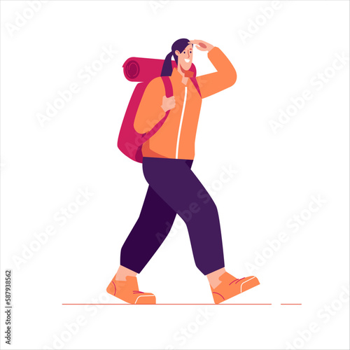 Vector illustration of a walking woman traveler hiker with backpack looking far away