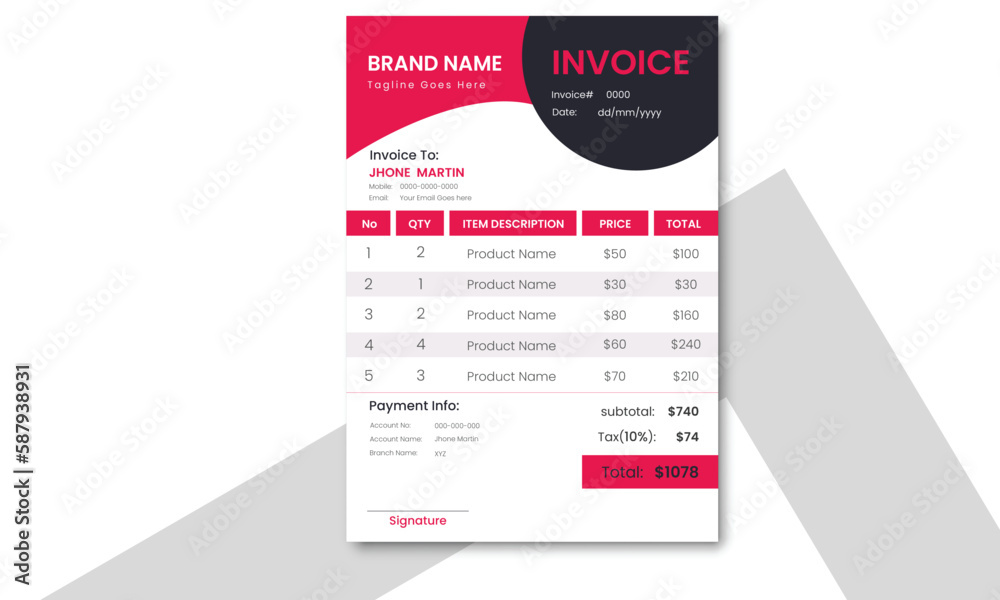 Professional, modern and clean invoice template vector design. Tax form, bill graphic or payment receipt page vector set 