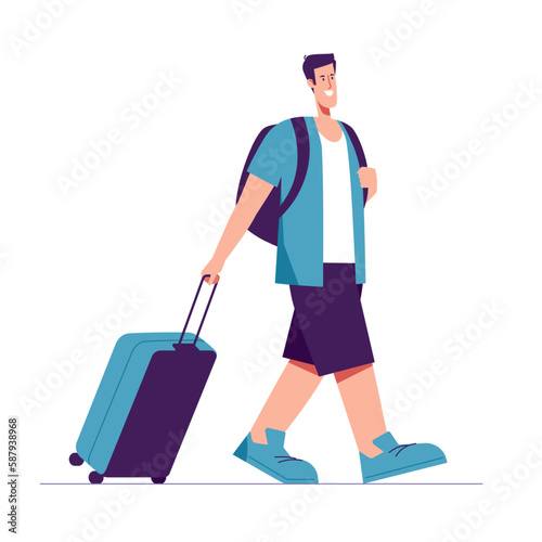 Vector illustration of a walking man tourist traveler with backpack and suitcase