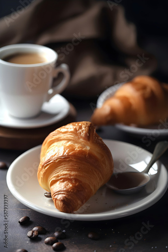 Traditional breakfast with croissant and coffee. Generative AI