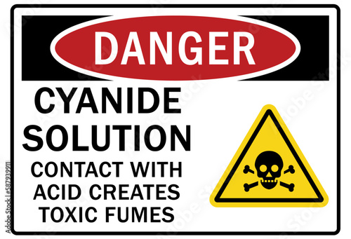 Fumes hazard chemical warning sign cyanide solution. Contact with acid creates toxic fumes
