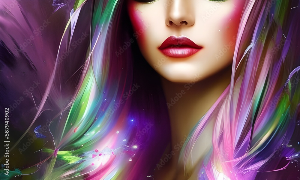 Futurystyczny obraz kobiety z kolorowymi włosami. Wygenerowano z AI. - obrazy, fototapety, plakaty 