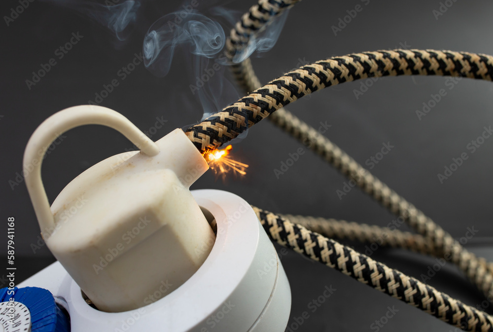 flame smoke and sparks on an electrical cable with fabric insulation, fire hazard concept Stock