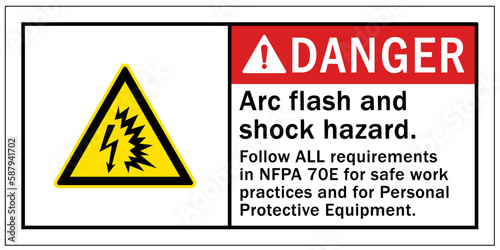 Arc flash and shock hazard sign and labels follow all safety procedures and wear proper PPE in accordance to NFPA 70E