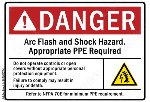 Arc flash and shock hazard sign and labels appropriate PPE required