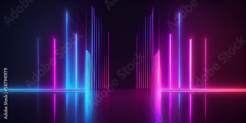 Neon dark stage shows empty room: neon light, spotlights, dark blue, purple, pink background - dance floor for product display in studio, backdrop for photo shooting. Generative AI. © PEPPERPOT