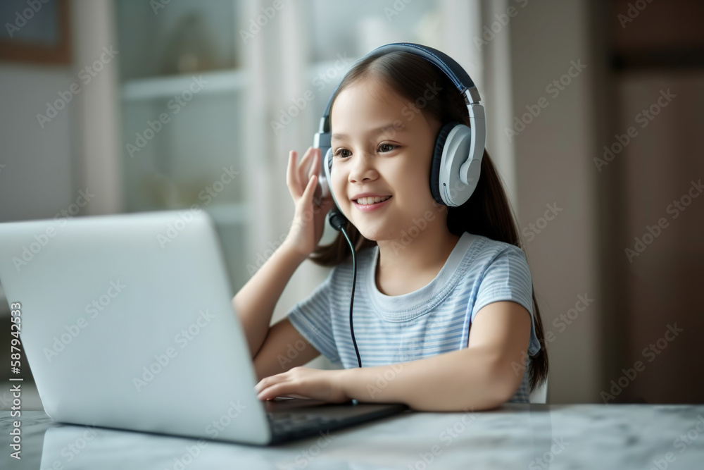 Smiling little asian girl in headphones have video call. Generative AI illustration. Smiling little asian girl in headphones have video call. Generative AI illustration.