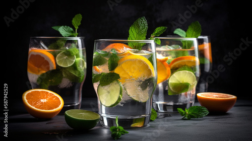 Summer healthy lemonade, cocktails of citrus infused water or mojitos Generated AI