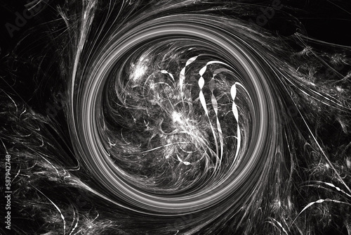 White swirling pattern of crooked waves on a black background. Abstract fractal 3D rendering