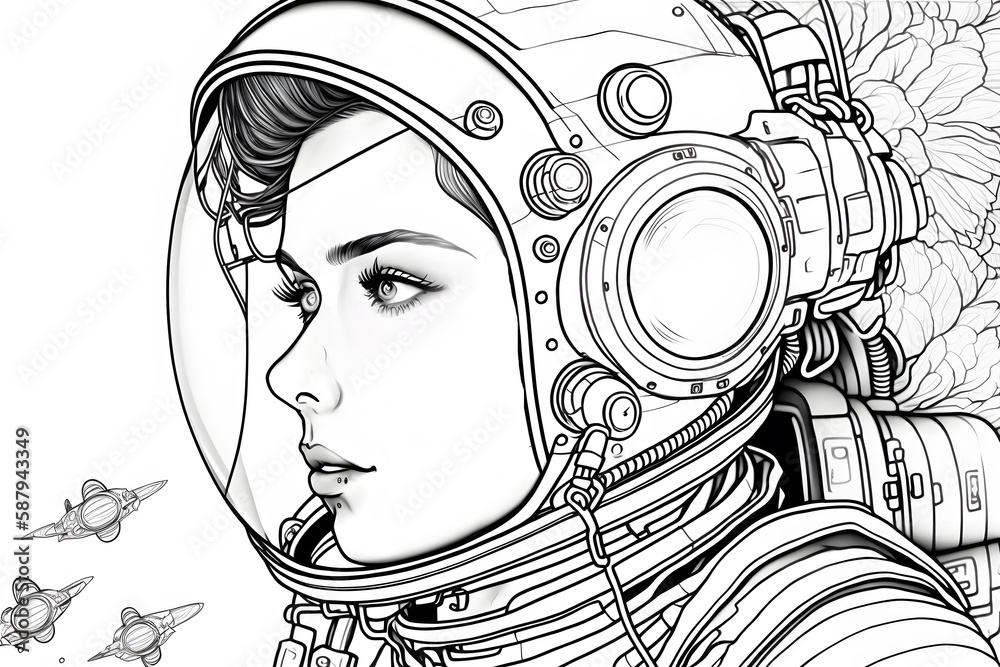 Coloring page for children - woman astronaut in space suit created with