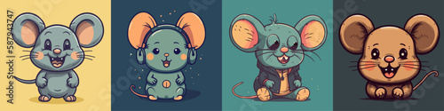 Flat color vector of happy mouse set collection