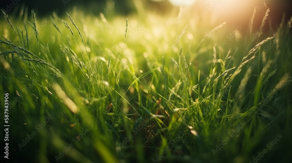 Photo close up macro abstract picture of  fresh green grass with sun ray efffect