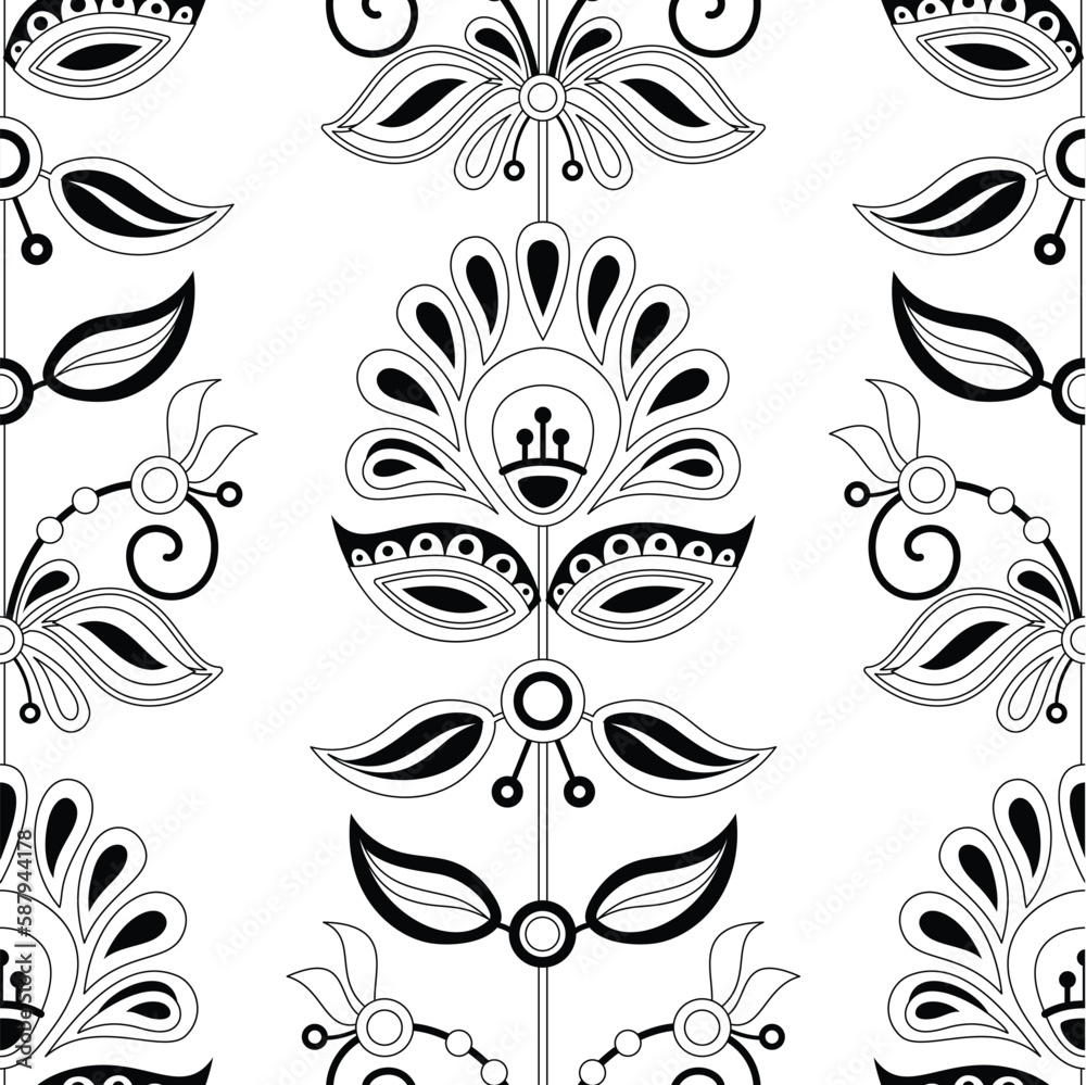 Seamless Pattern with Flower Inspired by Ukrainian Traditional Embroidery. Ethnic Floral Motif, Handmade Craft Art. Textile, Wrapping Paper, Wallpaper. Coloring Book. Vector Contour Illustration