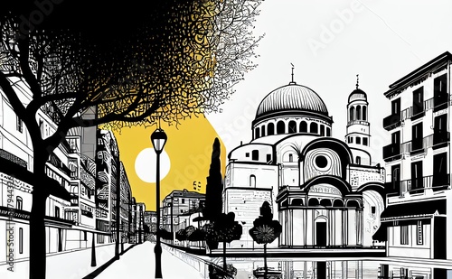 Thessaloniki Travel Illustration, Spain Tourism Concept, Western Europe Drawing Imitation, AI Generative Content