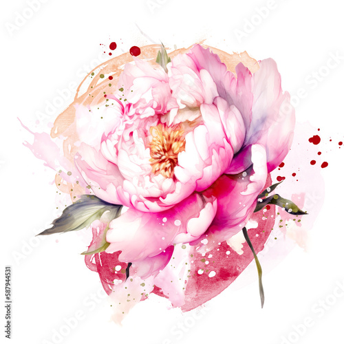 Beautiful watercolor peony on transparent background. Pink and red peony flower for mother day and valentines day postcards and greeting cards. Generative AI.