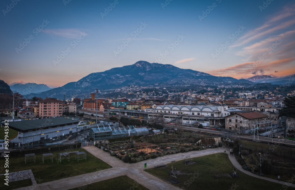 Trento panorama at sunset in winter season. January 2023