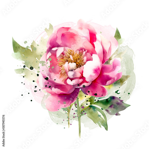 Beautiful watercolor peony on transparent background. Pink and red peony flower for mother day and valentines day postcards and greeting cards. Generative AI.