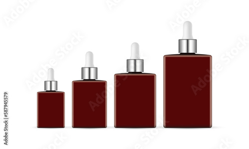 Set of Rectangular Amber Dropper Bottles With Metal Caps, Front View, Isolated on White Background. Vector Illustration