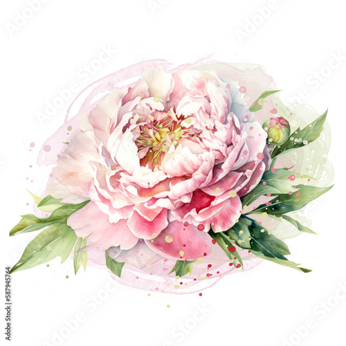 Beautiful watercolor peony on transparent background. Pink and red peony flower for mother day and valentines day postcards and greeting cards. Generative AI.