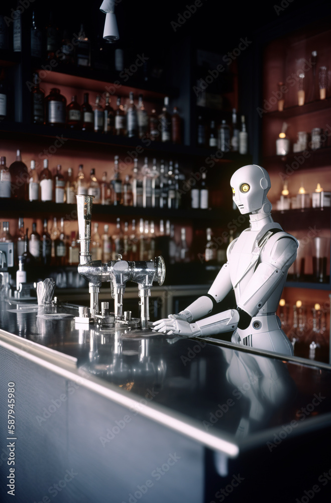 Obraz premium Generative AI illustration of artificial intelligence dressed as a bartender working shaking a cocktail shaker