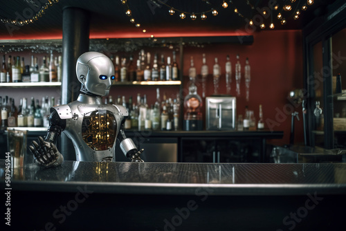 Generative AI illustration of artificial intelligence dressed as a bartender working shaking a cocktail shaker