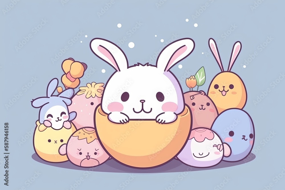 Cute cartoon easter bunny with eggs. Generative ai Cute cartoon easter bunny with eggs. Generative ai