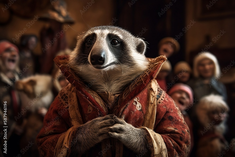 raccoon acting out a tragedy in front of a crowd at the time of the renaissance. Created using generative AI.