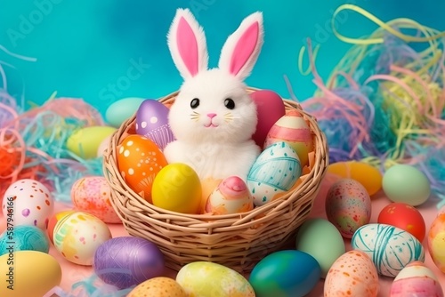Cute easter bunny surrounded with easter eggs. Generative ai