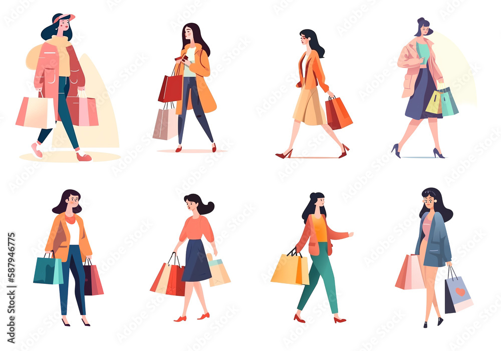 Trendy Cartoon Women Shopping Illustration Collection Created with Generative AI and Other Techniques