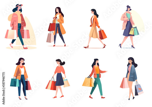 Trendy Cartoon Women Shopping Illustration Collection Created with Generative AI and Other Techniques