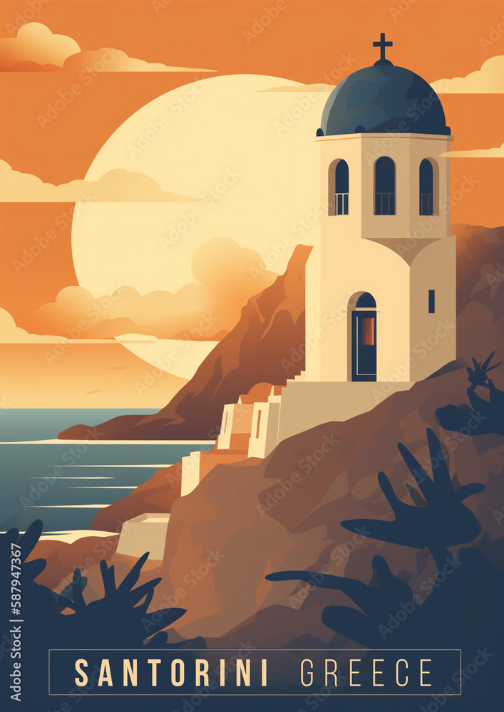 Travel poster of Santorini, Greece. Generative AI