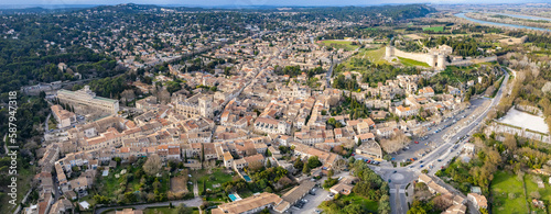 Aerial around the city Villeneuve-les-Avignon on a sunny day in early spring in France