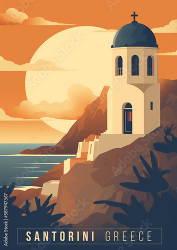 Travel poster of Santorini  Greece. Generative AI