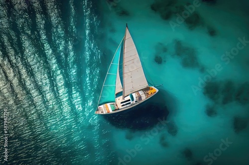Vacation Schooner In Emerald Blue Sea View Generative AI © Johnathan
