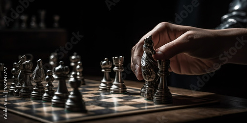 business man strategy brainstorm chess board game with hand touch black background. Generated AI
