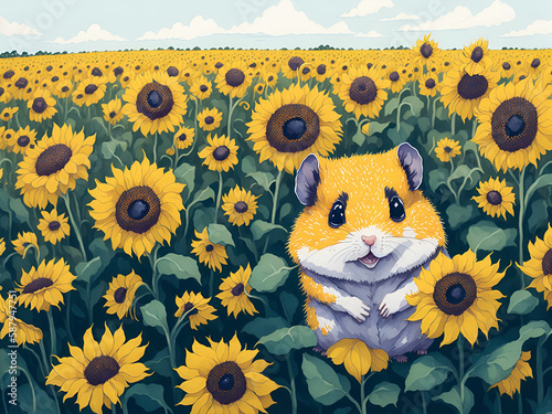 cute hamster in sunflower field, Generative AI 