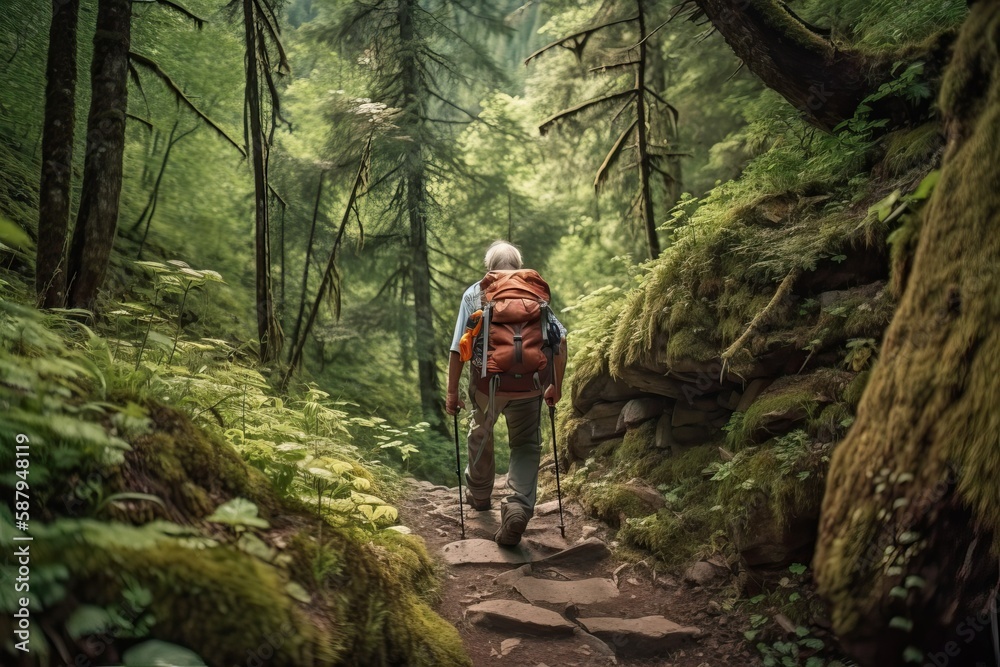 Elderly Person Exploring Nature on Scenic Hiking Trails (Ai generated)