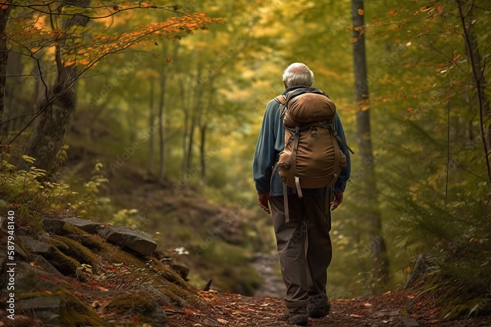 Senior Citizen Enjoying Hiking on Picturesque Trails (Ai generated)