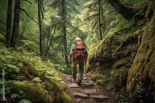 Elderly Person Exploring Nature on Scenic Hiking Trails (Ai generated)