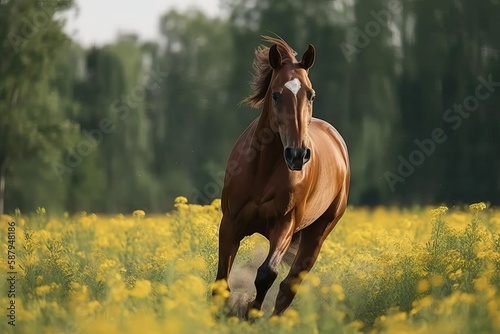 Horse running through a field of flowers  Ai generated 