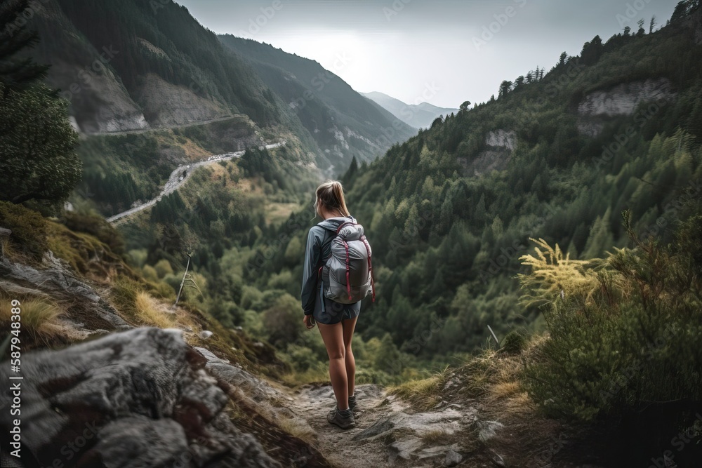 Hiking on scenic trails in nature mountain (Ai generated)