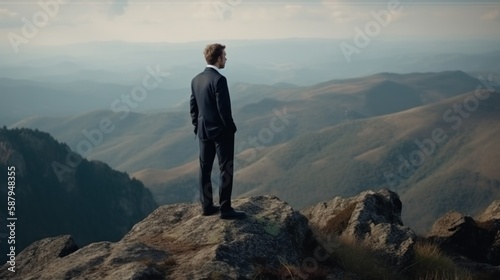 Businessman in a suit stands on top of a mountain, concept of success in business created with generative AI technology