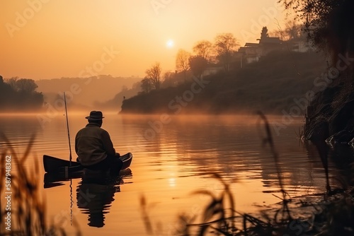 Man Fishing at Sunset in a Peaceful Sunset Lake (Ai generated) (Ai generated)