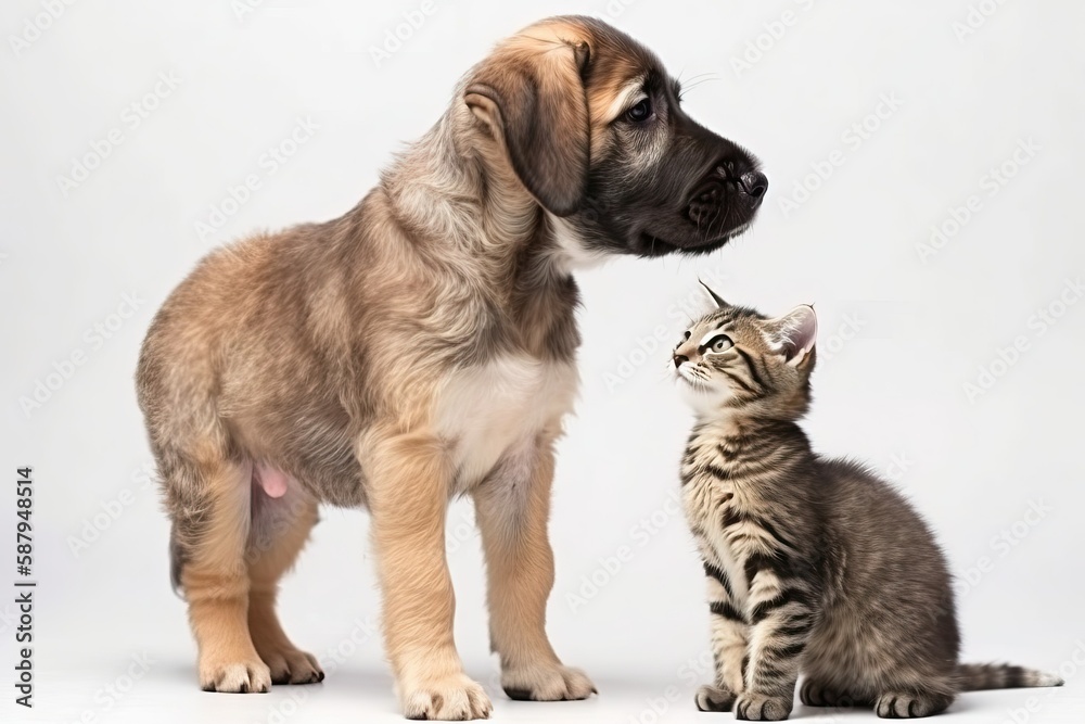 Puppy and tabby kitten stand together and look away (Ai generated) Puppy and tabby kitten stand together and look away (Ai generated)
