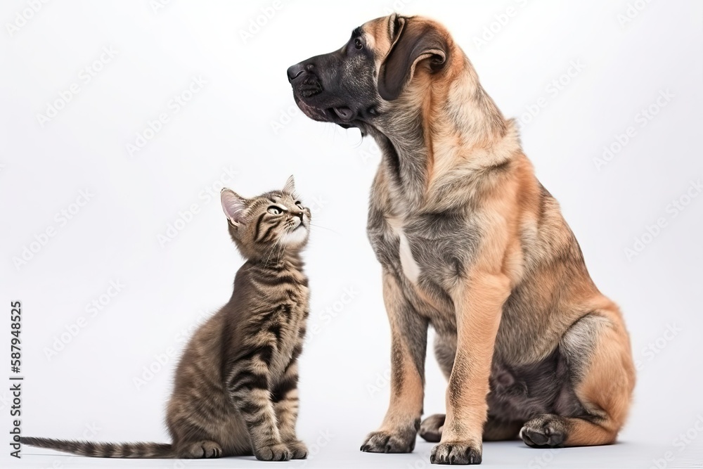 Puppy and tabby kitten stand together and look away (Ai generated) Puppy and tabby kitten stand together and look away (Ai generated)