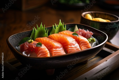 Salmon sashimi, on Japanese restaurant table (Ai generated)