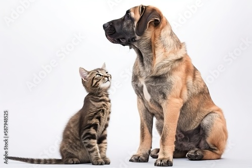 Puppy and tabby kitten stand together and look away  Ai generated 