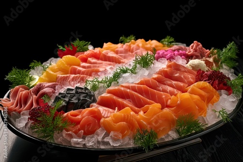 Sashimi salmon platter, arranged on a bed of ice (Ai generated)