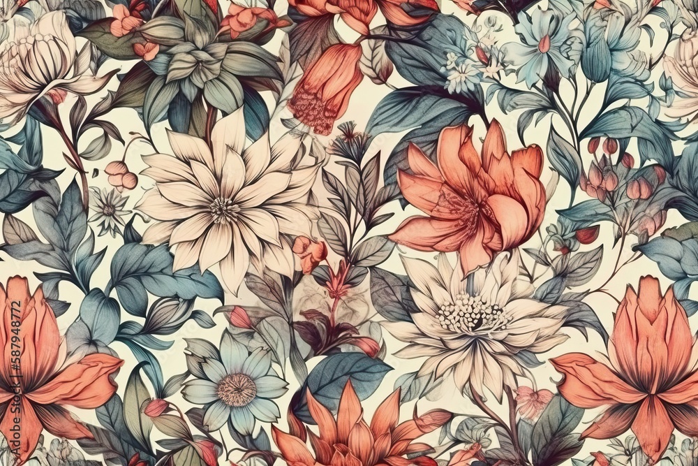 Fotografie Flower watercolor, Vintage flora full background pattern (Ai generated)